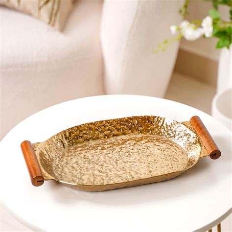 Oval Metal Tray With Wooden Handle Gold 13x8 Inch Online - Premium Tray ...