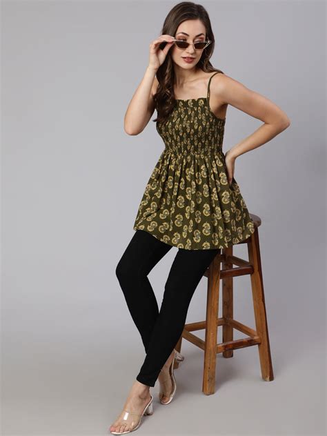 Buy Strappy Ethnic Printed Smocked Top - Jaipur Kurti