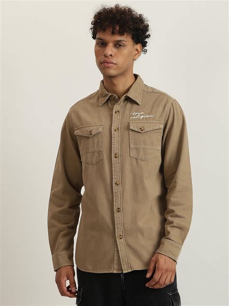 True Religion Men Beige Embroidered Spread Collar Full Sleeves Shirt ...
