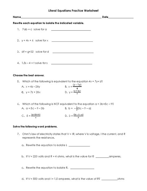 1.4 Literal Equations Ws - Literal Equations Practice Worksheet ...