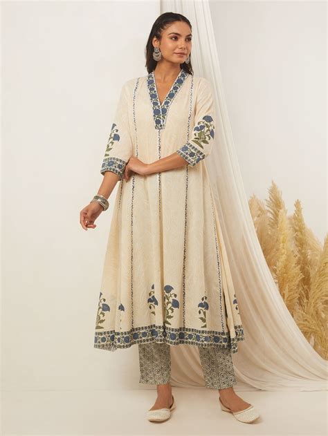 Off White Blue Hand Block Printed Cotton Kurta with Pants- Set of 2
