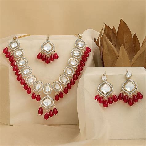 Buy Zaveri Pearls Pink Beads Drop Stones Necklace Earring Maang Tikka ...