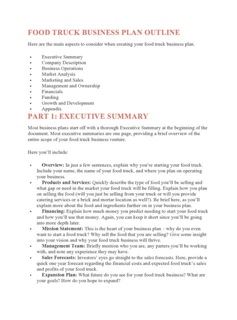 Business Plan Template For Food Truck