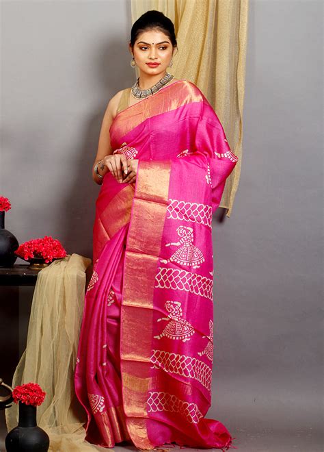 Rine Pink Block Hand Painted Zari Border Pure Silk Mark Certified Tuss ...