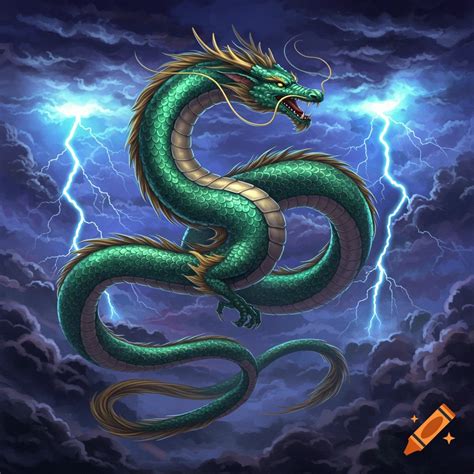 Shimmering green Chinese dragon flying through lightning-filled clouds ...