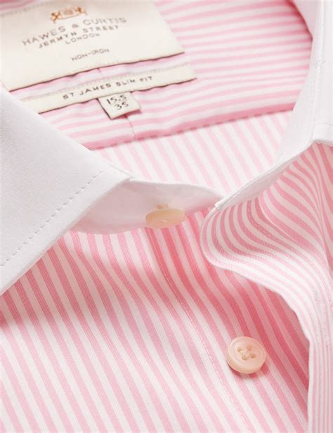 Men's Non-Iron Pink & White Bengal Stripe Slim Shirt with White Collar ...