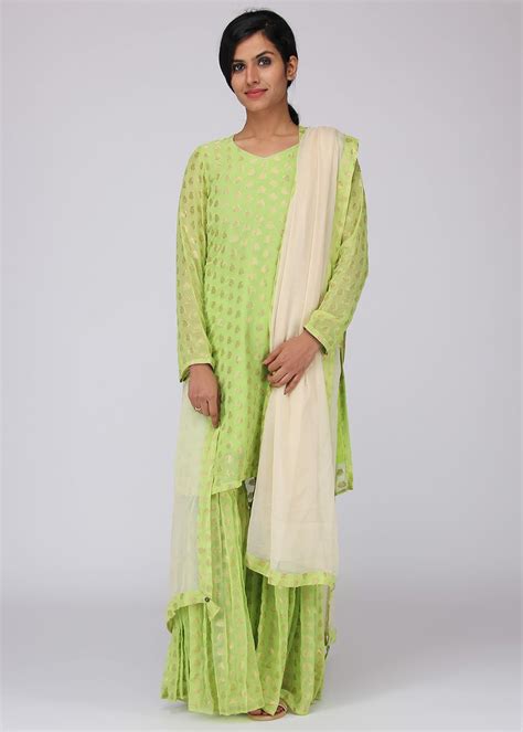 Get Gold Printed Monotone Kurta & Sharara With Contrast Dupatta Set at ...