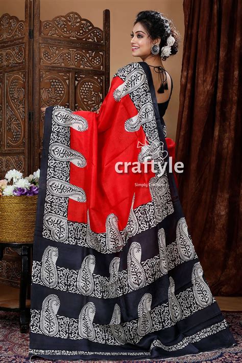 Crimson Red & Black Hand Block Mulberry Pure Silk Saree – Craftyle