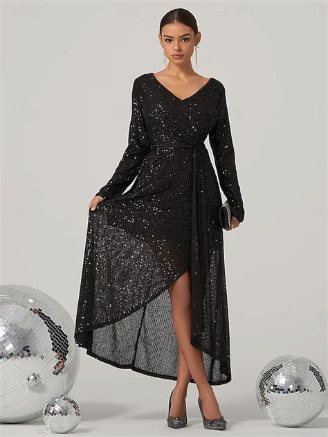 wieczorowa sukienka damska dekolt w serek długi rękaw brokatowa talia ...