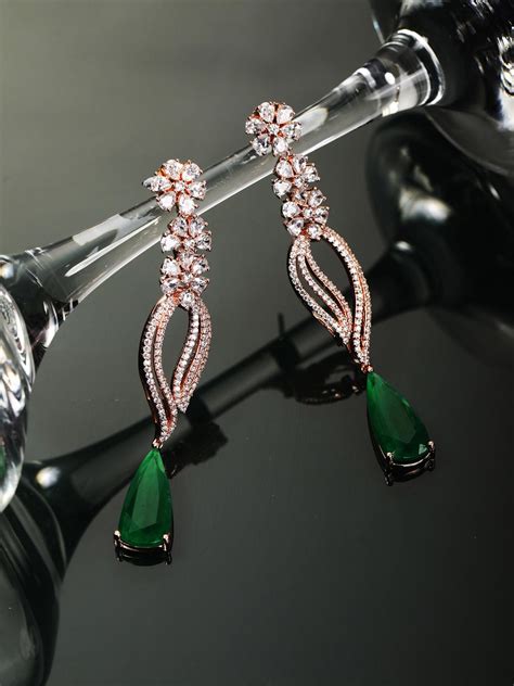 Emerald American Diamond Rose Gold Plated Floral Drop Earring – Priyaasi