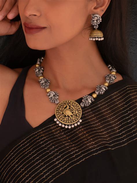 Dual Tone Antique Gold Silver Peacock Design Filigree Work Handmade Te ...