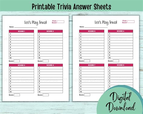 Free Printable Trivia Answer Sheets