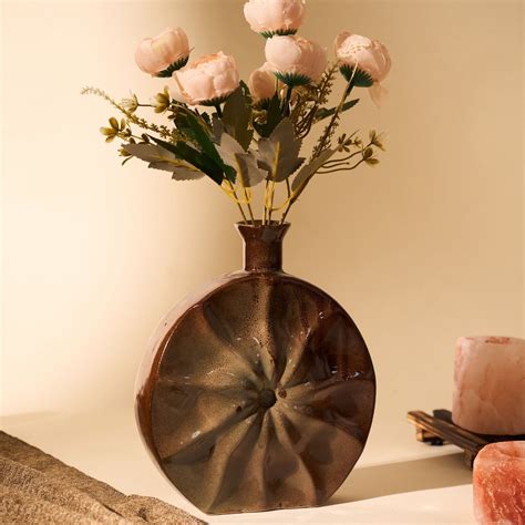 Khurja Pottery Flower Vase Ring Matki Shape Green and Brown Colour Size ...