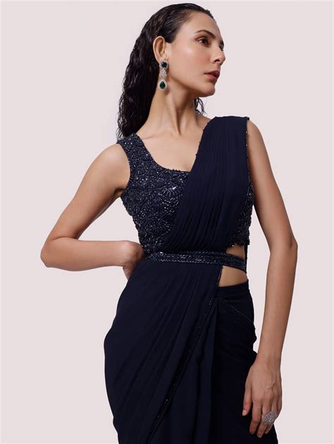 Navy Blue Georgette Drape Saree with Soft Ruffles