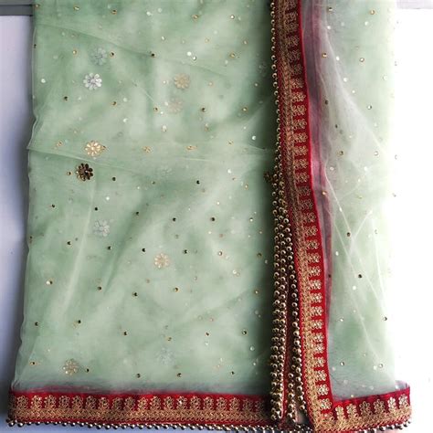 Bridal Mint Green Stone Net Dupatta with Hot Pink Border – anokherang