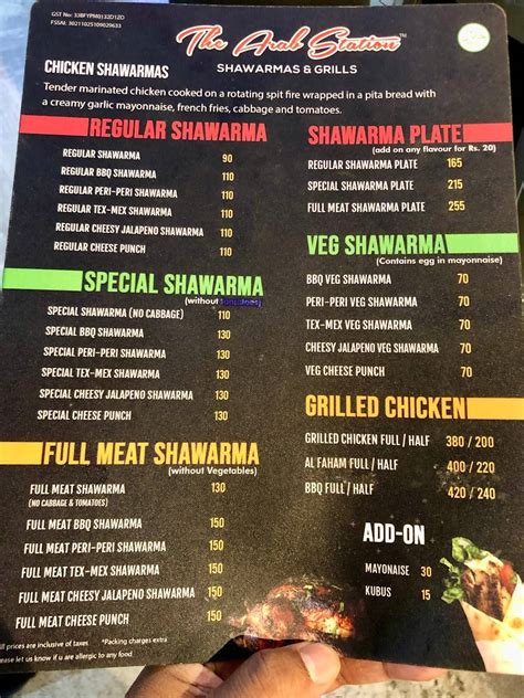 Menu at The Arab Station, Chennai, 137