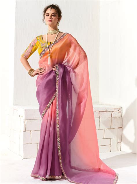 Dual Tone Pink-Purple Organza Tissue Ethnic Saree With Embroidered Bor ...