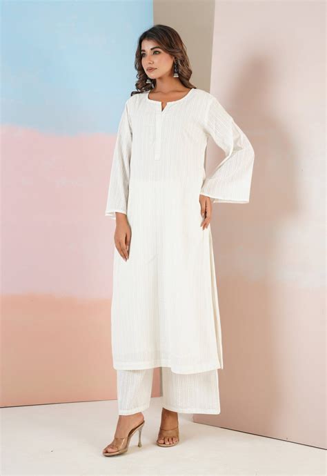 White Cotton Self Stripped Coord Set