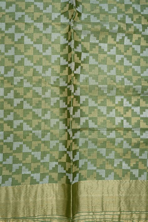 Geometric Zari Design Chalet Green Tussar Silk Saree – Sundari Silks