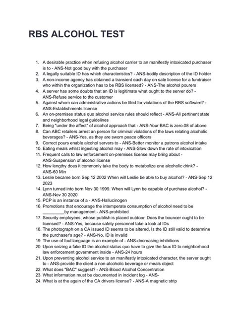 RBS ALCOHOL TEST Questions and Answers 2025/2026 (100% Verified Answers ...