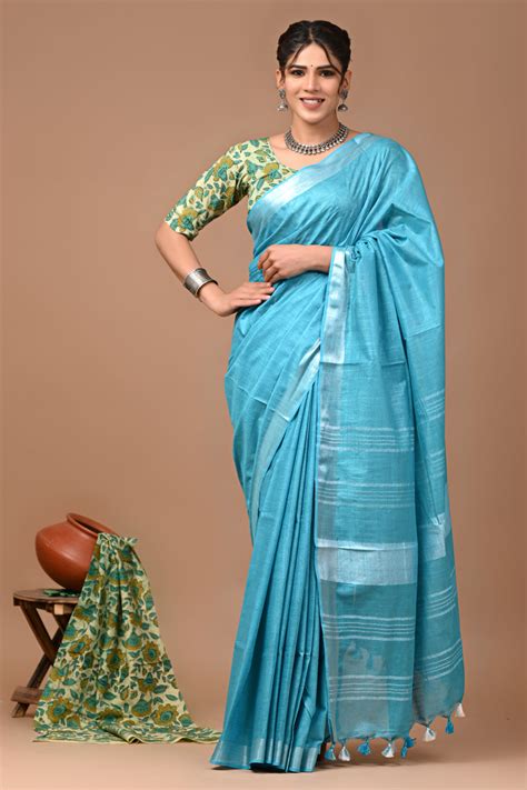 Plain linen Saree With Ajrak Printed Unstiched Blouse – Rajasthan ...