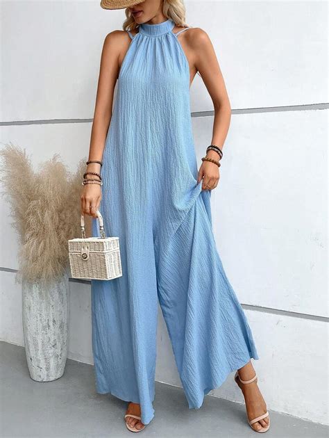 Breezaya Solid Wide Leg Halter Jumpsuit | SHEIN USA