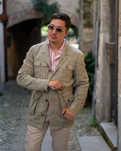 Beige Safari Jacket with Striped Pink Shirt