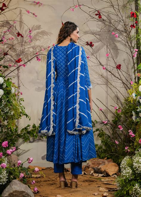 Kashika Blue Bandhej Angrakha Kurti With Pant & Dupatta – EverBloom