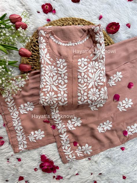 Khushi nude pink chikankari rayon set – Hayat's Lucknowi