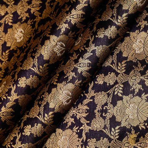Deep Navy Blue Pure Katan Silk Banarasi Handloom Fabric - Tilfi