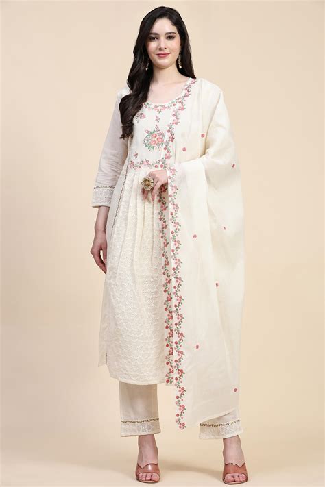 White Pure Cotton Schiffli Embroidery Salwar Suit Set with Dupatta For ...