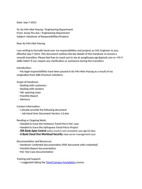 Image result for Example of Hand Over Document