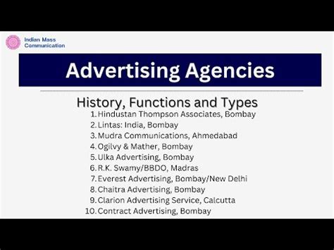 Advertising Agencies- History, Types and Functions Video Lecture ...