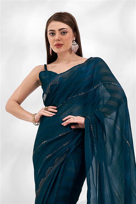 Buy Teal Chiffon Saree With Blouse Piece online-Karagiri