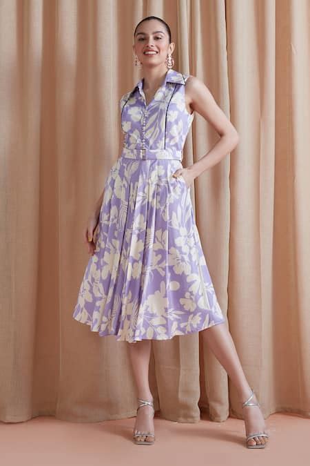 Buy Purple Bamboo, Modal Buckles Collared Alice Floral Print Dress For ...