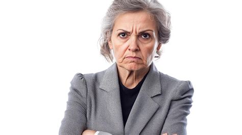 An older woman with gray hair and a gray blazer crosses her arms with a ...