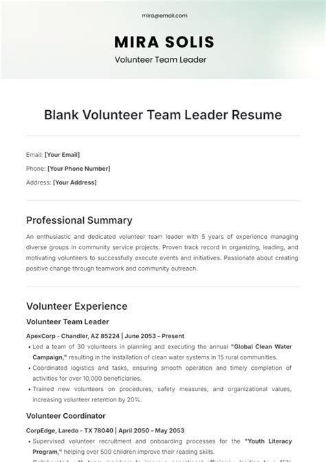 Free Blank Volunteer Team Leader Resume Template to Edit Online