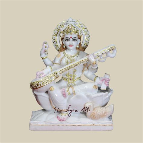 12" Goddess Saraswati Marble Moorti with Intricate Ornaments in White