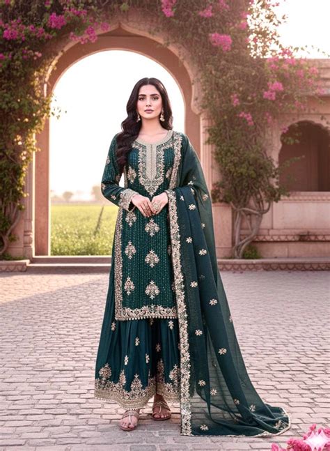 Teal Green Color Silk Embroidered Fully Stitched Palazzo Suit Set ...
