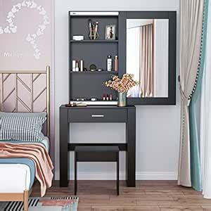 Brafab Vanity Desk with Mirror and Stool, 67” Black Makeup Table with ...