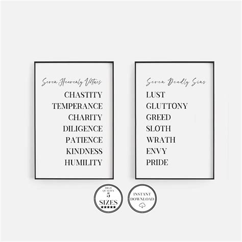 Seven Heavenly Virtues, Seven Deadly Sins, Bible Verse Printable Art ...