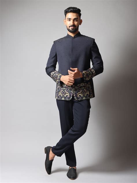 Rent Blue Jodhpuri Suit with Bottom Printed Paisley Work