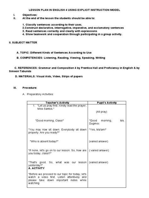 Image result for Sample Lesson Plan of Explicit Teaching