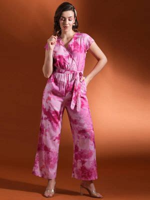Buy Globus Pink Tie- Dye Print Wrap Neck Waist Tie-Up Jumpsuit with ...