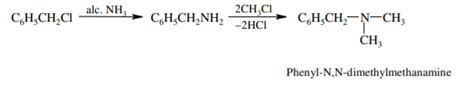 C6H5CH2Cl ->[ textalc.NH3] A ->[2CH3Cl]B. The product B is