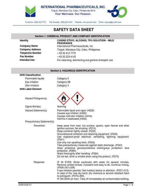Casino Ethyl Alcohol 70% SDS Document | PDF | Waste Management | Toxicity