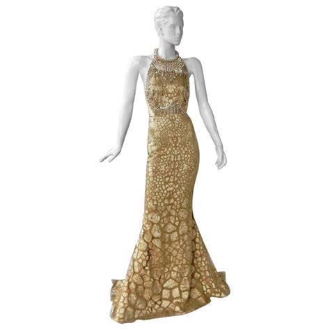 Shimmering Alexander McQueen Gold Jeweled Evening Dress Gown For Sale ...