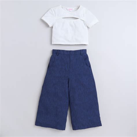 Shop Cut-Out Detail Crop Top And Wide Leg Pant Set-White/Blue Online ...
