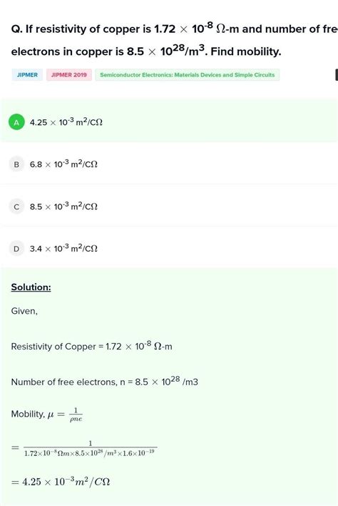 The electrical resistivity of copper at 27˚C is 1.72*10^-8Ωm. compute ...