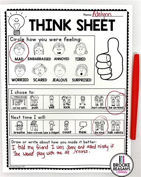 Printable Behavior Reflection Sheets